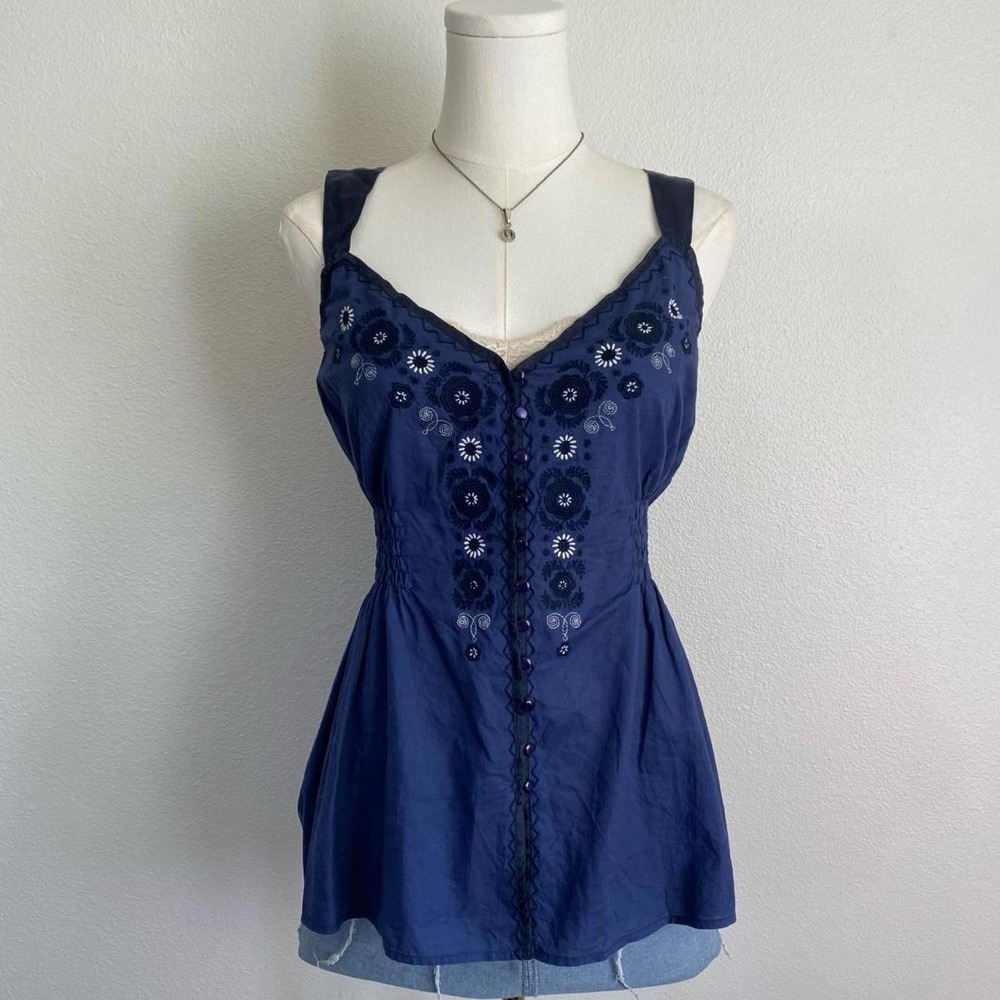 Y2K Lithe Blue Silk Eyelet Floral Embroidered Peplum Tank Top Smocked Blouse